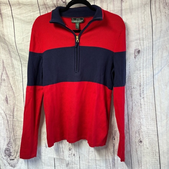 Ralph Lauren Red and Navy Half Zip Sweater XL - Picture 2 of 6